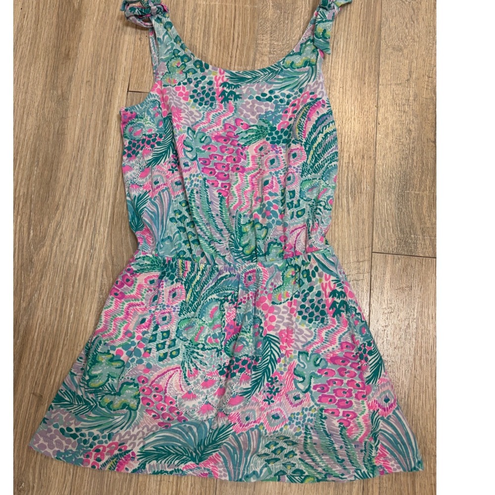 Lilly Pulitzer Girls Pink Green Tropical Floral Tie Shoulder Romper Dress S 4-5